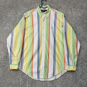 Vintage 90s Polo Ralph Lauren Shirt Men Large Chambray Color Block Stripe Pastel